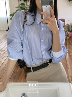 Unique SEI韩国小众简约撞色拼接袖子基础百搭细条纹宽松长袖衬衫