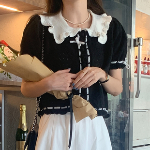 韩国chic夏季复古减龄娃娃领撞色镂空宽松百搭木，耳边短袖针织衫女