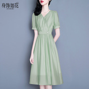 2024夏季淑女装修身显瘦气质名媛a字裙中长款短袖绿色连衣裙