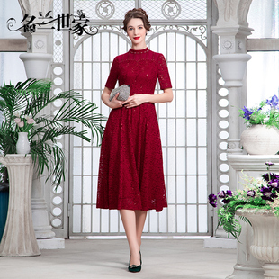名兰世家原创设计蕾丝连衣裙春短袖妈妈礼服喜服婚宴红色长裙