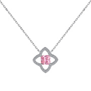 坠链均925银合成锆石 S925纯银粉色镶嵌花朵镂空设计精致时尚项链
