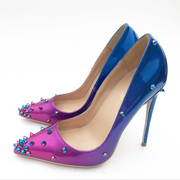 欧美紫色渐变色拼色铆钉细跟高跟鞋尖头小码单鞋婚鞋大码12cm