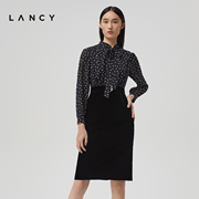 LANCY/朗姿秋冬丝绒连衣裙波点收腰拼接显瘦高级感真丝裙子女