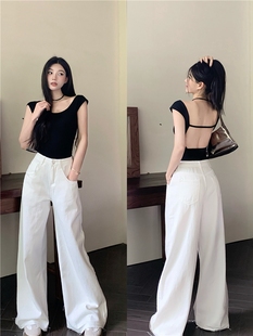 韩系辣妹套装女装露背设计连体t恤上衣夏季阔腿牛仔裤长裤两件套