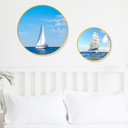 儿童房装饰画圆形有框画一帆风顺帆船挂画客厅卧室U床头餐厅墙壁