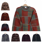秋冬日本vintage古着孤品复古羊毛衣，男套头中古毛衣拼色几何色块