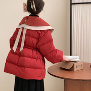 韩系双层娃娃领羽绒服女2023冬季甜美拼色宽松保暖白鸭绒外套