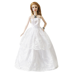 经典白色抹胸婚纱裙，公主拖尾裙晚礼服衣服，半包大裙适30cm芭比娃娃