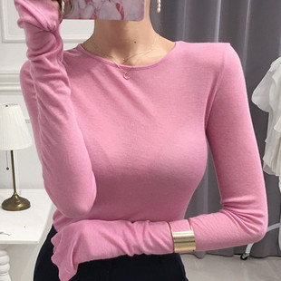 韩国显瘦外穿常规圆领打底衫女简约修身白粉色(白粉色，)上衣棉长袖t恤