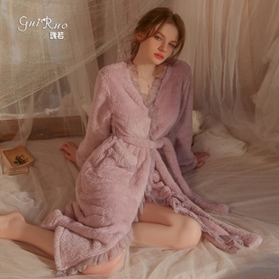 冬季睡裙加厚睡袍女珊瑚绒性感蕾丝拼接收腰浴袍法兰绒家居服加厚