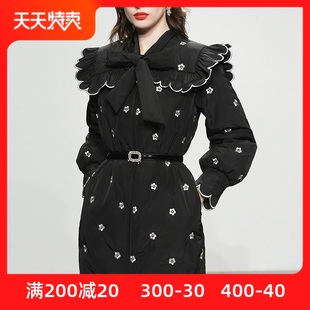冬季2023女装黑色修身中长款白鸭绒(白鸭绒)羽绒服，加厚绣花灯笼袖