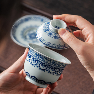 青花瓷三才盖碗单个景德镇家用复古泡茶碗，陶瓷功夫茶具茶碗茶杯