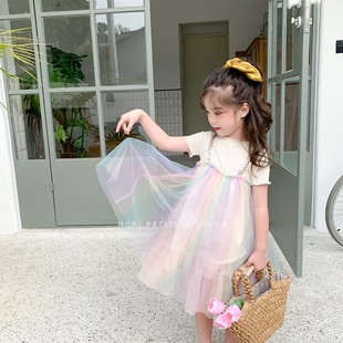 韩国女童彩虹连衣裙亮片吊带假两件渐变纱裙，宝宝连衣裙夏季洋气
