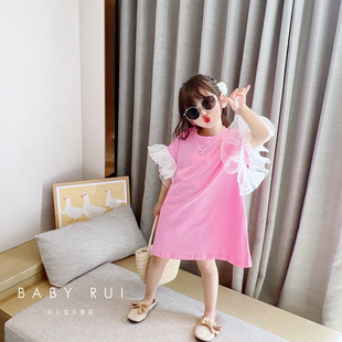韩版童装女童夏季儿童花边，蕾丝短袖女童中长款t恤裙子