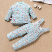 宝宝手工棉袄婴儿纯棉花衣，露脚背带棉裤，两件套装新生儿加厚内胆冬