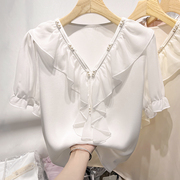 2023韩国气质显瘦纯色珍珠荷叶，边v领套头，短袖雪纺衬衫女夏季