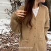 美拉德风设计感韩国v领宽松时尚口袋毛衣外套加厚质感奶驼色开衫