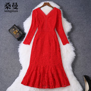 红色新娘礼服包臀鱼尾裙气质长袖，v领修身荷叶，边蕾丝连衣裙子春夏