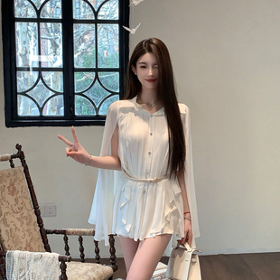FairyJiang夏季白色斗篷披肩雪纺衬衫女设计感收腰衬衣含腰带