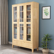 实木书柜简约现代书房家具，橡木置物柜客厅带玻璃北欧三门展示柜子