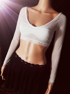 新半截低V领打底衫阿香女超薄透明低领网纱蕾丝衫露脐长袖T恤