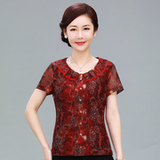 竹语声夏装短袖套头，t恤衫妈妈红色上衣，台湾网纱女士中老年人