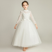 儿童小礼服女宝公主高贵婚纱裙女童花童钢琴表演礼裙长袖白色洋气
