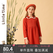 littletime女童红色针织连衣裙春秋2023女大童长袖加厚毛衣裙