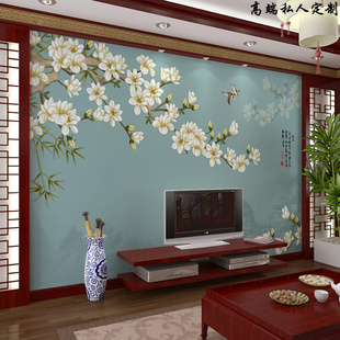 新中式电视背景墙壁纸16d玉兰，花鸟墙布8d客厅沙发，墙纸影视墙壁画