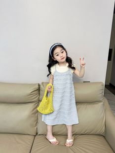 女童连衣裙2024夏季韩版儿童，蓝色吊带裙小女孩洋气宽松长裙子