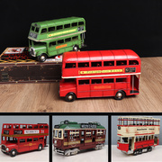 复古怀旧铁皮英国伦敦双层巴士，公交车电车模型，铁艺汽车装饰品摆件