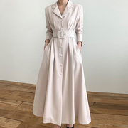 韩国chic秋季法式气质西装领单排扣收腰显瘦长袖纯色连衣裙长裙女