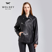 Wolsey女士皮衣黑色机车夹克真皮风衣修身绵羊皮短中长款外套