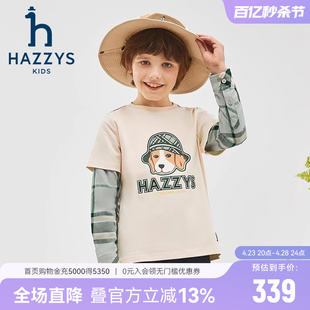 hazzys哈吉斯童装男童圆领衫2024春新中大童时尚拼接长袖T恤