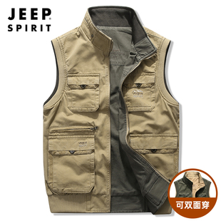 jeep吉普工装马甲男士春秋户外双面，穿大码加肥加大多口袋纯棉外套