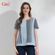 Gitti/吉蒂夏季竖条纹短袖女棉圆领宽松大码T恤G231627
