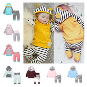 童装婴儿套装黄色长袖，连帽上衣条纹裤子家居服宝宝睡衣