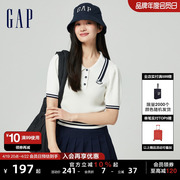 Gap女装2024春夏LOGO撞色条纹泡泡袖翻领针织衫短上衣891736