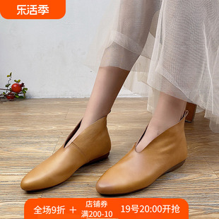 女鞋2023年秋季复古真皮纯色，短靴浅口休闲及踝靴软底妈妈单靴