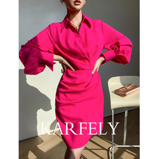karfely高级感玫红色长袖，衬衫连衣裙女春季醋酸细麻包臀裙小众