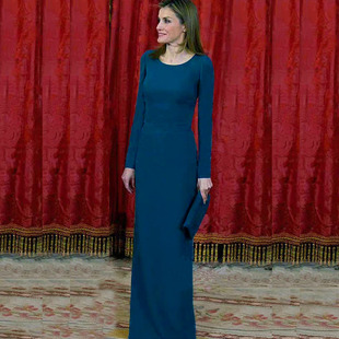 莱蒂齐亚王妃法式名媛礼服藏蓝色圆领长袖高质感OL职业修身连衣裙