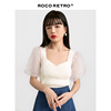 roco欧根纱拼接桃心领，白色背心针织衫，女短袖2023夏季打底上衣