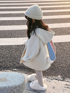 韩国童装2023秋冬双色可爱兔子羊毛呢，大衣女宝宝加厚毛呢外套