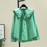 绿色甜美娃娃领衬衫女年春季韩版纯色长袖外穿上衣衬衣潮