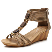 坡跟凉鞋女外穿性感，甜美妈妈鞋后拉链，厚底跨境罗马鞋1418-389