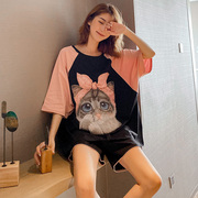 可爱3D猫睡衣女夏纯棉短袖宽松大码日系学生可外出孕妇家居服套装
