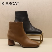 KISSCAT接吻猫2021秋款粗跟车线牛皮女短靴子KA21508-10
