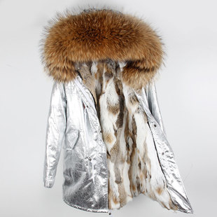 冬装獭兔毛皮草外套中长款加厚收腰烫银毛皮大衣女毛领派克服
