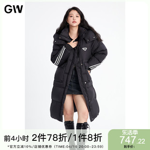 gw大码女装立领连帽长款工装90白鸭绒(白鸭绒)羽绒服2024冬季微胖mm女