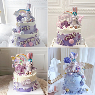网红毛绒紫色兔子蛋糕装饰摆件公主少女心生日儿童节公仔彩虹插件